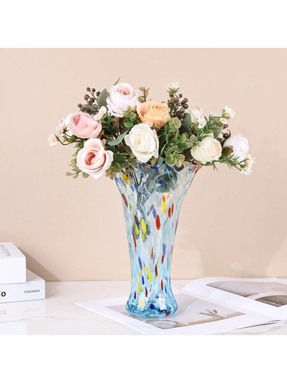 9.0 Aqua Blue Glass Vases Flower Bouquet Unique Hand Blown Wide Mouth Shelf Deco